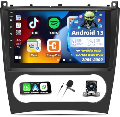 4+64G Android 13 Carplay Autoradio für Mercedes Benz CLK/GLK W209 W203 2005-2009, 9“ Touchscreen Radio mit Android Auto Bluetooth EQ GPS WiFi FM/RDS MirrorLink Split Screen+Rückfahrkamera &Mic