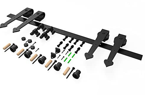 Kit di binari per porta scorrevole in legno, 320 cm, nero, per doppia porta con sistema di binari a forma di cuore