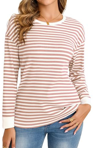 Totatuit T-shirt à Manches Longues Rayé en Coton Haut Col Rond Doux | Matière Douce, Tenue Quotidienne, Facile à Associer, Style Polyvalent