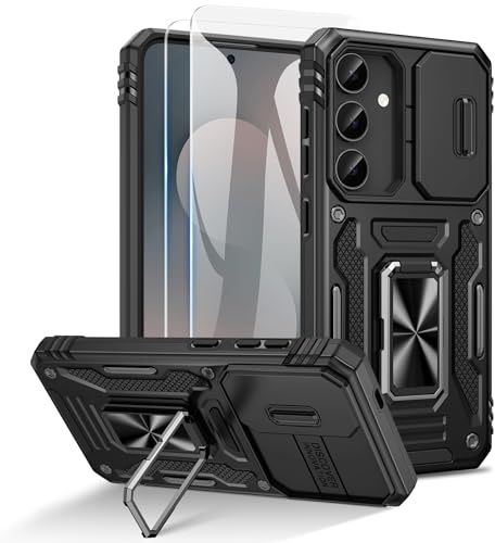 Doeshine für Samsung Galaxy S25 FE Hülle, Handyhülle mit 2 Stück Displayschutzfolie & Ring Ständer, Kameraschutz, Robust Fallschutz Outdoor Militär Schutzhülle für Samsung Galaxy S25 FE (Schwarz)