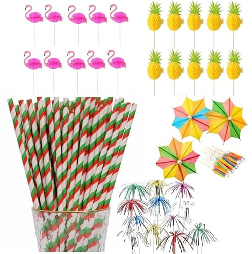 Tropical Cocktail Garnish Set, 65 Pcs Eco-Friendly Drink Decor | Biodegradable bamboo picks, paper straws, & tropical umbrellas. Perfect for parties, birthdays, beach bars & luaus.