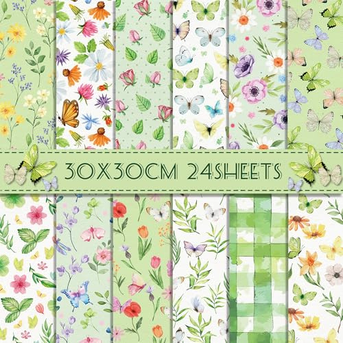 24 Blätt Scrapbook Papier Grüne Blumen Schmetterlinge Designpapier,12 Designs Doppelseitige Bastelpapier Dekorpapier für Scrapbook Craft Origami Papier Journal Motivpapier DIY Fotoalbum,30x30CM