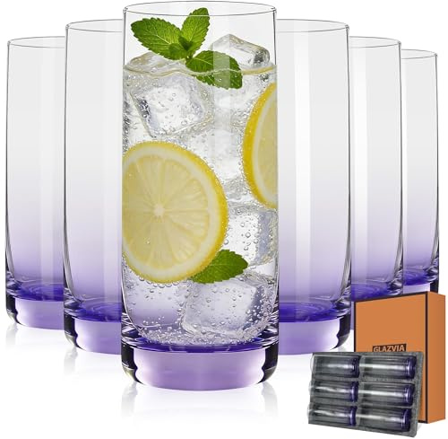 GLAZVIA Purple Highball Glasses Set of 6, Drinking Glass for Mixed Drink | 13oz ,Cups for Cocktail, Beer, Mojito, Water and Juice,Thick Tall Glassware for Kitchen, Restaurant, Home Bar and Parties