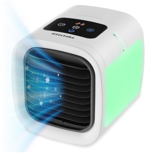 tectake® Raffreddatore d'aria, Ventilatore a Torre, Mini Climatizzatore Portatile, Pannello LED Laterale 8 Colori, Serbatoio d'Acqua, Controllo Touch, Mini Condizionatore Portatile Campeggio - Bianco