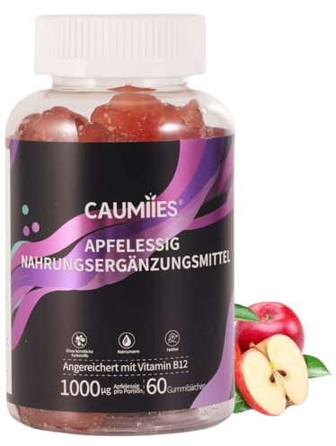 Apfelessig Gummies 1000mg - 60 Gummibärchen mit Natrium, Folsäure & Vitamin B12 - Vegan, hochdosiert - Stoffwechsel & Energie Komplex – Alternative zu Kapseln - Apple Cider Vinegar Gummies von Caumies