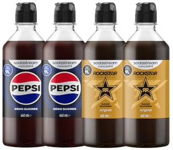 Sodastream 2 Concentrés Pepsi Zéro Sucres + 2 Concentrés Rockstar pour Machine à Eau Pétillante et Soda, 4 x 440 ml