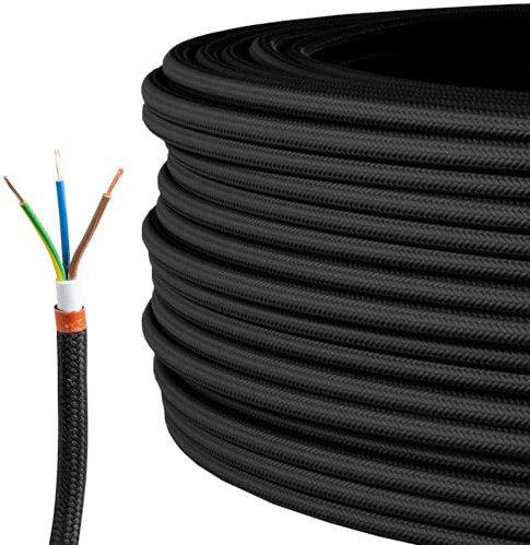 Textilkabel für Lampe, Stoffkabel 3-adrig (3x0,75mm²), Schwarz - 10 Meter