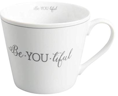Krasilnikoff - Becher, Tasse mit Henkel - Happy Cup - Be-You-Tiful - ca. 400 ml - Höhe: 9 cm - weiß/grau