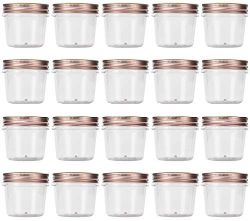 Novelinks 4 Ounce Plastic Jars with Rose Gold Lids - Refillable Round Clear Containers - Jar Storage for Kitchen & Household - BPA Free (20 Pack)