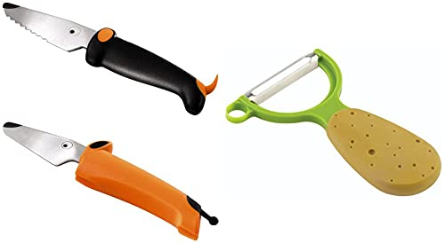 KUHN RIKON kinderkitchen Dog Knife Set, Steel, Black/Orange, 2 Piece Knives & Kuhn Rikon 20401 Straight Veggie Peeler, Potato Design, Brown/Green, 1.3x7.2x13 cm