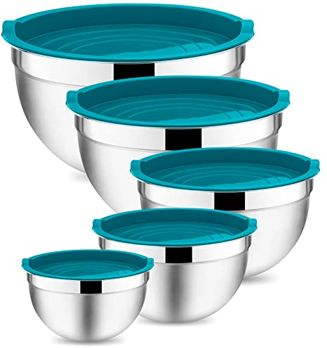 Onader Mixing Bowls, Stainless Steel Salad Nesting Bowl with Airtight Lids, 5-Piece Metal Bowl for Baking Serving, Dishwasher Safe & Space-Saving Storage, Size 0.7/1.2/1.6/2.8/4.6QT (Dark Blue)