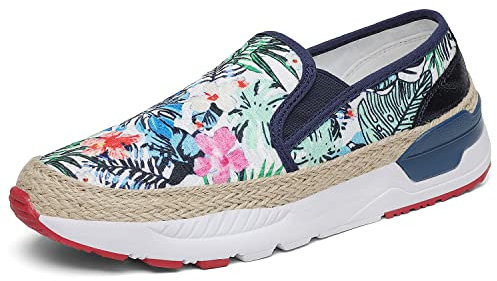 Dannto Mocasines de arte para mujer bordado floral barco zapatillas sin cordones para caminar, Azul Blanco, 38.5 EU