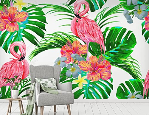 Papier Peint Panoramique 3D Plante Tropicale Fleur De Monstera Flamant Rose Décoration Murale Trompe L'Oeil Salon Chambre Art Mural 450(W) X315(H) Cm
