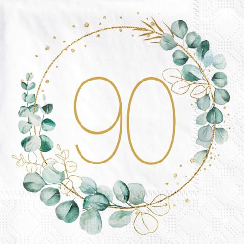 Sprinlot 90. Geburtstag Deko Servietten - 40 Stück Eukalyptus Gold Grün Papierservietten für Mann Frau Party Tischdekorationen