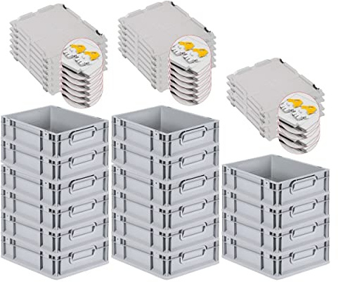 PROREGAL SuperSparSet 16x Eurobox NextGen Grip mit Scharnierdeckel und gelben Schiebeschnappverschlüssen, HxBxT 12x30x40cm, 11 L, Grau, Griffe geschlossen, Eurobehälter, Transportbox