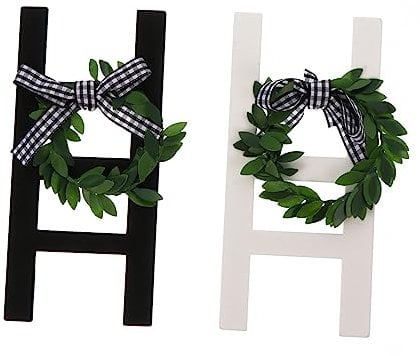 Abaodam 2 Pcs Vintage Frame Farmhouse Style Ladder Sign with Wreath Ladder Tiered Tray Ornament for Wall Decor