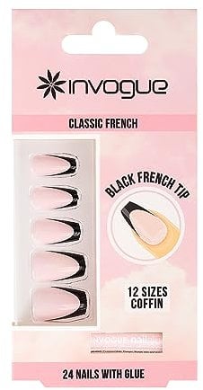 Invogue Black French Tip Coffin Nails (24 Pieces)