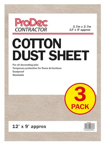 ProDec Contractor 3 pk 12ft x 9ft Cotton Dust Sheet for Decorating, Carpet Protector, Washable Drop Cloth, Paint Shield, Painting Sheets, Heavy Duty Dust Sheets for Furniture, Paint Cloth