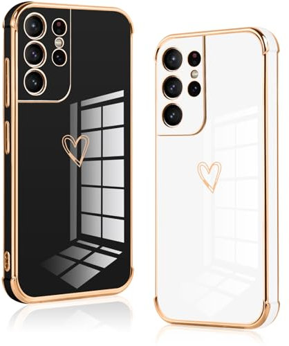 Vauki 2 Pièces Coque pour Samsung Galaxy S21 Ultra 5G, Silicone Antichoc Housse, Étui avec Motif Coeur et Bordure Dorée pour Samsung S21 Ultra 5G, Noir et Blanc