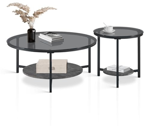 CLIPOP Round Glass Nesting Coffee Table Set of 2 for Living Room with Grey Marble Storage Shelf, End Side Table with Black Cross Metal Frame, Sofa Tea Table Home Office Bedroom Furniture