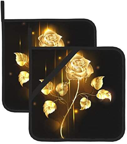 Square Heat-Protective Gold Rose Pot Holders (Set Of 2) Microwave Gloves - Essential Heat-Defensive Oven Mitts