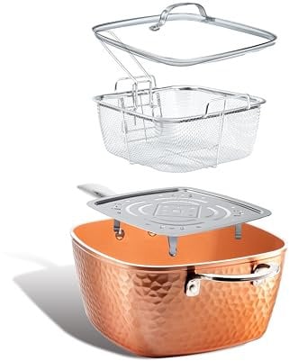 GOTHAM STEEL Nonstick Square Deep Frying Pan, 9.5” Large Cooking Pan with Ceramic Nonstick Coating, Deep Fryer Pot with Basket, 4 Pc Titanium Ceramic with Lid, Basket & Steamer Tray, Dishwasher Safe