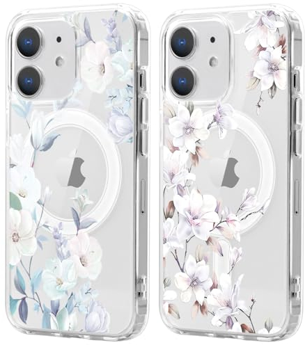 Xylota 2 Stück Magnetisch Hülle für iPhone 12 mini 5.4 '' [Kompatibel mit MagSafe], Aesthetic Blume Muster Mädchen Design Klare Handyhülle, TPU Stoßfeste Transparent Schutzhülle für iPhone 12 mini
