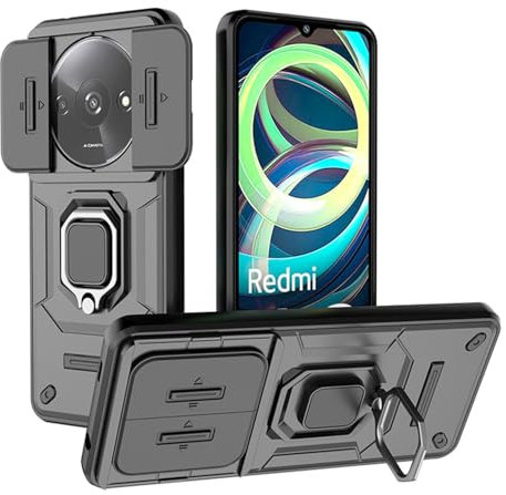 BORYA Coque pour Xiaomi Redmi A3 4G, Antichoc Prime Silicone Souple TPU+PC Housse, Militaire Anti-Chute Étui avec 360°Métal Support et Coulissant Caméra Couvercle. Noir