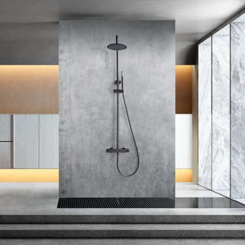 IMEX - Columna Ducha Termostatica con Grifo | Conjunto de Ducha con Alcachofa y Rociador Antical Efecto Lluvia | Griferia en Latón y Acero Inox S.304 con Barra Extensible Black Gun | Serie Génova