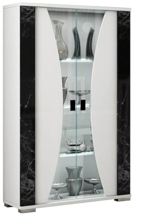 AltoBuy Ariane - Vitrine 2 Portes Blanc Eclairage LED intégré avec Décor Latéral Aspect Marbre Noir