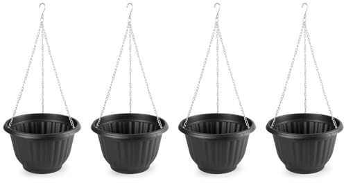 AC - Pack de 4 macetas Redondas Colgantes, plástico, macetero, Tiesto, Recipiente para Plantas, Flores, balcón, terraza, hogar, Fabricada en España (Antracita - 25 x 15 cm)