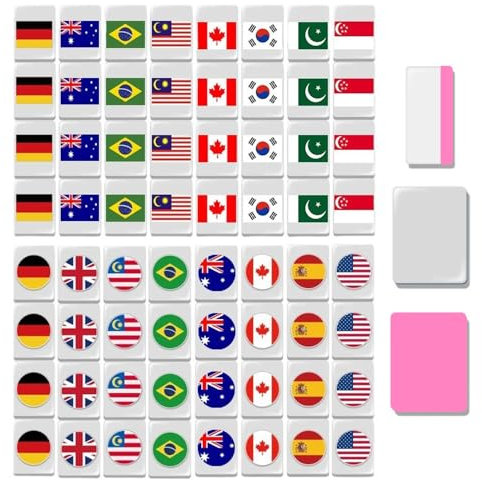 XPJBKC Seaside Escape Game, Flag Mahjong Game Set, TK Game Blocks, Reusable Funny Mahjong Sets with 64 Tiles 24mm Flag Pattern for Adults Kids (Pink)