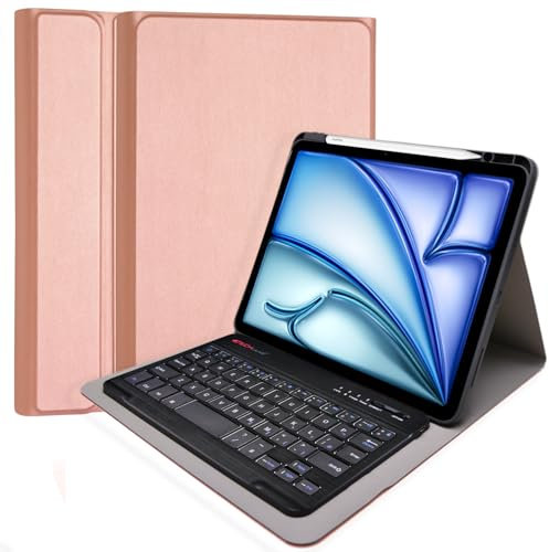 TECHGEAR Keyboard Case for Apple iPad Apple iPad Air 13 (M3 2025 / M2 2024) [Strike Folio] PU Leather Case with Detachable Bluetooth Wireless UK QWERTY Keyboard and Stand (Rose Gold)