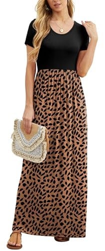 GRECERELLE Womens Maxi Dress Summer Casual Ladies Short Sleeve Crew Neck Long Dresses with Pocket for Daily, Holiday, Travel, Maternity (Khaki Love, XL)