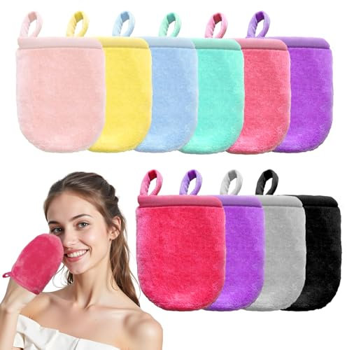 Lot de 10 gants démaquillants en microfibre pour le visage - Gants démaquillants en flanelle doux - Réutilisables - Convient à tous les types de peau - 10 couleurs, lingette demaquillante lavable