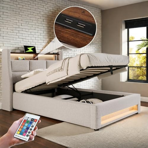 Cayipng Polsterbett 90 x 200 mit USB und LED und Stauraum, Einzelbett mit Lattenrost aus Metall, französisches Bett mit Stauraum, Doppelbett mit Stauraum, Beige (ohne Matratze)