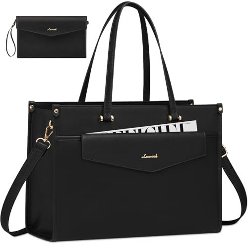 LOVEVOOK Laptoptasche Damen 15,6 Zoll, Wasserdicht Arbeitstasche Handtasche Groß Shopper Business Aktentasche Tasche Lehrertasche, PU Leder Tote Bag Schultasche für Uni Büro, Schwarz
