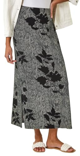 Roman Jersey Skirt for Women UK - Ladies Midi Maxi Floral Animal Print Autumn Winter Swing Smart Casual Office Cocktail Party Going Out Evening Holiday Cruise - Charcoal - Size 12