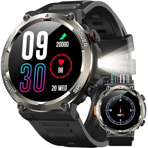 IOWODO Smartwatch Uomo Militare 1.45 con Chiamate Bluetooth, Batteria 960mAh, Torcia LED, Bussola, IP68 Impermeabile, Monitoraggio Cuore/Ossigeno nel Sangue/Sonno, 100+ Modalità Sportive, 2 Cinturini