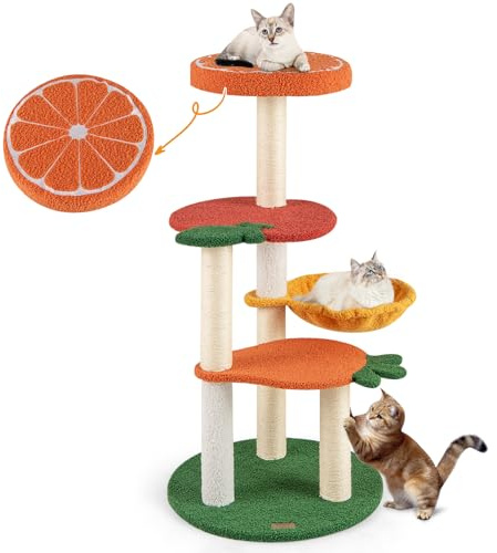 COSTWAY Kratzbaum Klein, Niedliches Obstthema, 100 cm, Katzenbaum mit Drehbarem Korb, Sisal-Kratzsäulen, Plattformen, Katzenkratzbaum Katzen Katzenmöbel, Kletterbaum Aktivitätsbaum Spielbaum, Bunt