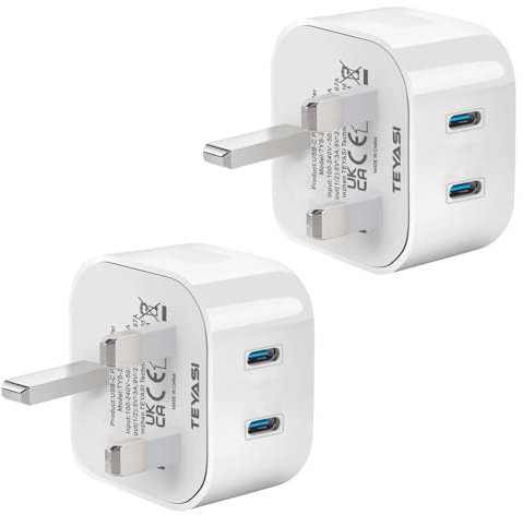 TEYASI 2 Pack USB C Plug Fast Charger Plug 25W New Type C and USB Wall Charging Plug Adapter UK for iPhone 16 15 14 13 12 11 Pro Max Plus, Pad Pro Air Mini, Head Adapter Charge