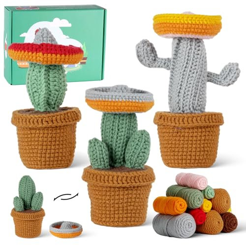 JasCherry Kit de crochet, kit de animales para principiantes adultos, regalo de crochet DIY con video instructivo paso a paso, hilo suave, manualidades de tejido - Cactus