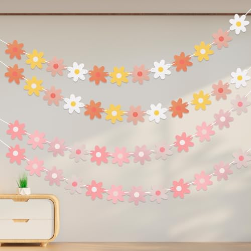 Ouligay 4 Stück Blumen Girlande Gänseblümchengirlande Blumen Gänseblümchen, Gänseblümchen Banner Geburtstag Deko, Boho Blume Papier Girlande Daisy Garland Für Mädchen Geburtstagsdeko Party Zubehör