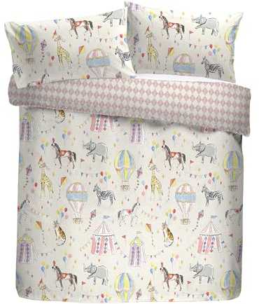 Bedlam Circus Time Double Duvet Cover Set, 100% Polyester (60% Recycled), 200x200cm, Multi, Watercolour Painted Circus Print with Harlequin Reverse