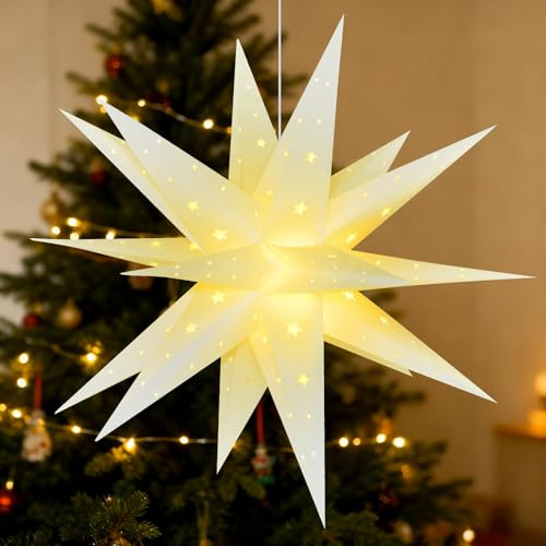 BAYHT 45cm Weihnachtsstern Beleuchtet, 3D Led Christbaumspitze Stern Batterie mit Timer, Adventsstern Stern Zum Dekorieren von Weihnachtsbaum, Innenhof