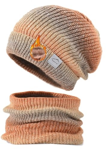 TUANMOZI Strickmütze mit Scarf Damen Wintermütze mit Farbverlauf Strickschal Set Warm Wintermütze und Schal mit Dicke Fleecefutter Herbst Winter Beanie Schal Set für Ski Outdoor