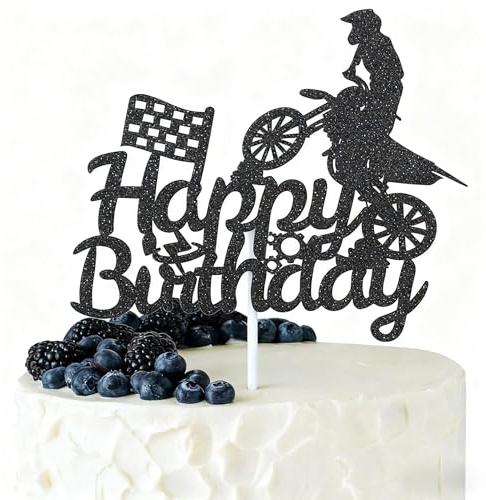 KSHGTB 1Pc Motorcycle Happy Birthday Cake Topper, Black Flash Cake Pick, Dirt Bike Birthday Party Cake Decoration, Motocross Sports Theme Cake Topper