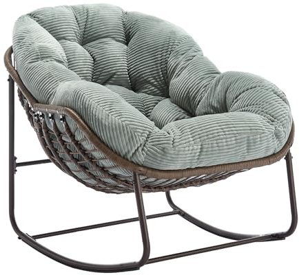 SEEDWAVE Schaukelstuhl Übergrößen mit Handgewebtem Rattan, 15cm Kordstoff Gepolstertem Kissen, Eiförmiger Schaukelsessel mit Rutschfester Basis, Stahlgestell (Grün)