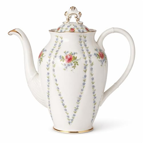 Royal Albert MINUET Bone China England Tea Coffee Pot - Vintage Porcelain Teapot Roses & Blue Flowers - Height 24 cm - Integrated Tea Strainer
