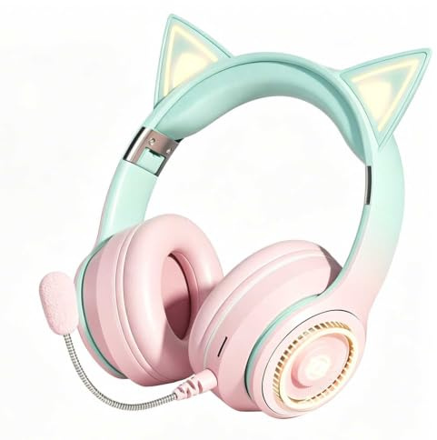 DOCANIO Kids Cat Ear Bluetooth Over Ear Headphones, RGB Light, Real-Time Monitor 0 Latency, 60Mins Auto Shut-Off Safe Volume Headset for Study Gaming Girls pink